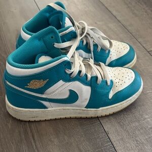Jordan Kids' Mid-Top Sneakers in Teal and White with Gold Logo